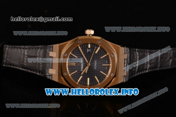 Audemars Piguet Royal Oak 41 Clone AP Calibre 3120 Automatic Yellow Gold Case with Blue Dial Stick Markers and Black Leather Strap (BP) - Click Image to Close